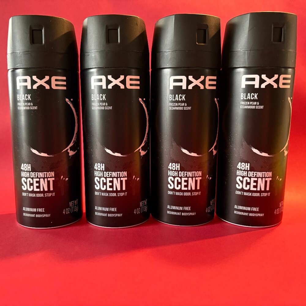 Lot FOUR (4) Mens AXE BLACK Deodorant Body Spray 4 oz Cedarwood Pear 48H NEW